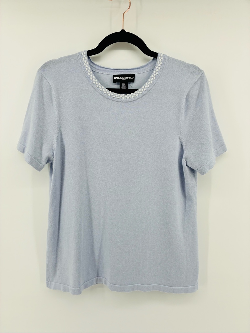 Karl Lagerfeld Light Blue Short Sleeve Top Embroidered Neckline